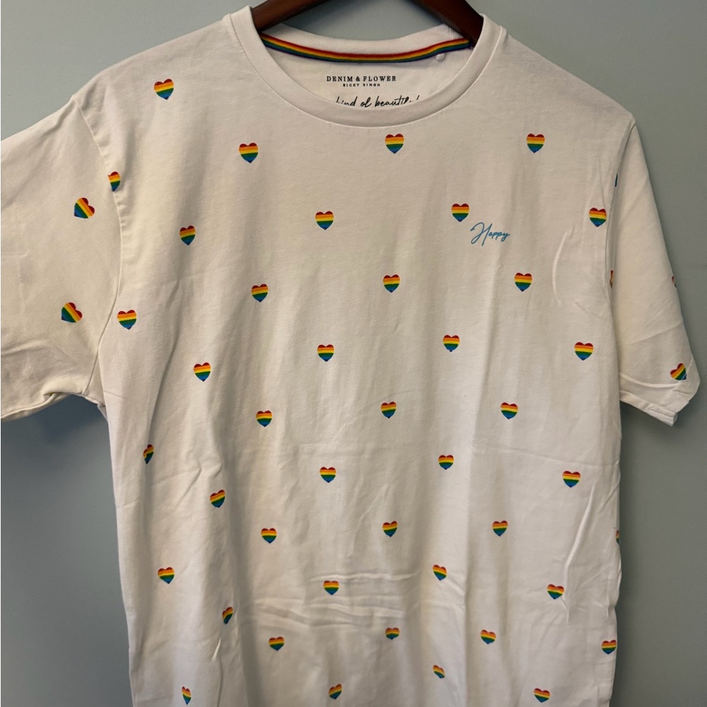 Denim & Flower Ricky Singh Rainbow Heart All Over Print Shirt L Happy Tee